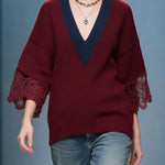 Women's Color-block V-neck Three-quarter Sleeve Loose-fitting Casual Knitted Sweater
