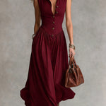 Women's Solid Color Collared Sleeveless Casual Loose Cotton Linen Dress