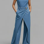 Women's Relaxed Round Neck Sleeveless Casual Loose Denim Wide-leg Jumpsuit