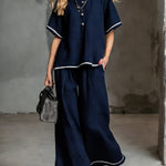 Women's Round-neck Short-sleeved Casual Loose Top And High-waisted Loose Wide-leg Pants Cotton And Linen Set.