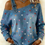 Women's Casual And Fashionable Denim Top With Heart Pattern