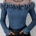 Fashionable Patchwork Mesh Organza Ruffled Denim Top