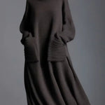 Women's Solid Color High-Neck Long-Sleeve Casual Loose Knit Dress