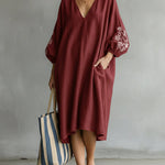 Long-sleeved Linen And Cotton Dress With Printed Cuffs And V-neck.