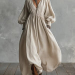 Waist-elastic Linen And Cotton Lantern-sleeved Dress