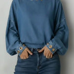 Women's Round Neck Metal Eyelet Cutout Design Casual Loose Long-sleeved Denim Top.