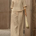 Women's Casual Linen And Cotton Shirt And Wide-leg Pants Two-piece Set
