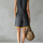 Women's Round Neck Sleeveless Casual Loose Vest And Elastic Waist Casual Loose Shorts Cotton And Linen Set.