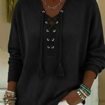Boho Style Casual V-neck Drawstring Tassel Pullover