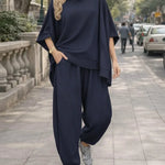 Women's Solid Color Stand-collar 3/4 Sleeve Casual Loose Knit Top And High-waisted Casual Loose Wide-leg Pants Set.