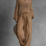 Women's Cozy Openwork Knit Top And Linen-cotton Pants Two-piece Set.