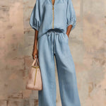 Cozy Stylish Zip-up Top And Wide-leg Jeans Set