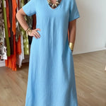 Elegant Diamond-neck Linen Midi Dress