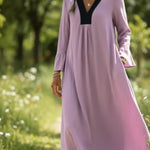 Retro Cozy Color-blocked V-neck Linen Dress