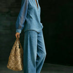 Elegant Stylish Mesh Sleeves Top Denim Two-piece Set