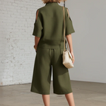 Minimalist Zip-up Shirt And Shorts Linen Two-piece Set-Everyday Wear