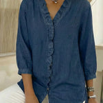 Women's Casual Denim V-Neck Ruffled Shirt
