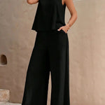 Women's Casual Crew Neck Top And Wide-leg Pants Set