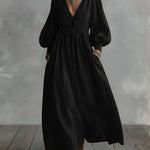 Waist-elastic Linen And Cotton Lantern-sleeved Dress