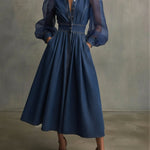 Stylish Denim Dress With Organza Sleeves And Buttons