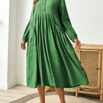 Women's Solid Color Round Neck Long-sleeved Casual Loose Cotton And Linen Dress