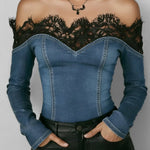 Fashionable Patchwork Lace Denim Top