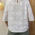Women's Solid Color Peter Pan Collar 3/4 Sleeve Casual Loose Cotton Embroidered Top