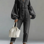Women's V-neck Long-sleeved Casual Loose Denim Wide-leg Jumpsuit