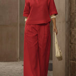 Women's Casual Linen And Cotton Shirt And Wide-leg Pants Two-piece Set