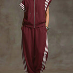 Women's Solid Color Stand-collar Short-sleeved Casual Loose Cotton Top And High-waisted Wide-leg Cotton Pants Set.
