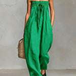 Women's Solid Color Strapless Casual Loose Cotton And Linen Jumpsuit