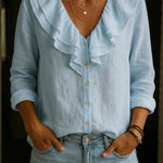 Women's Ruffled Collar Linen And Cotton Shirt