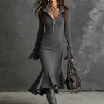 Women's Elegant Zippered Collar Flared Sleeve Knitted Fishtail Dress