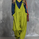Women's Color-block Patchwork Round Neck Long-sleeved Casual Loose Top And Cotton And Linen Suspender Wide-leg Jumpsuit Set.