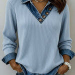 Casual Patchwork Denim Knit Top