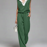 Women's Lapel Sleeveless Casual Loose Top And Elastic Waist Loose Wide-leg Pants Cotton Set