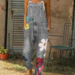 Women's Vintage Floral Art Print Casual Cotton Vest And Denim Jumpsuit