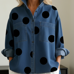 Elegant Artistic Polka Dot Print Stand-collar Denim Top