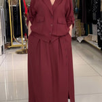 Women's Solid Color Lapel Long-sleeved Casual Loose Cotton And Linen Top And Elastic Waist Casual Loose Cotton And Linen Skirt Set.