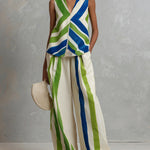 Fashionable Art Striped Sleeveless Linen And Cotton Top And Pants Two-piece Set