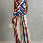 Fashionable Art Striped Sleeveless Linen And Cotton Top And Pants Two-piece Set