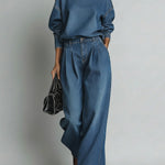 Women's Stand-collar Long-sleeved Casual Loose Denim Top And High-waisted Casual Loose Wide-leg Denim Pants Set.