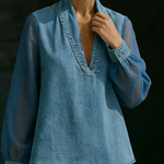 Elegant Stylish Mesh Sleeves Top Denim Two-piece Set