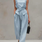 Women's Solid Color Round Neck Sleeveless Loose Casual Top And High-waisted Loose Wide-leg Pants Cotton And Linen Set.
