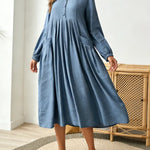 Women's Solid Color Round Neck Long-sleeved Casual Loose Cotton And Linen Dress