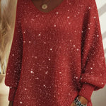 Christmas Sparkling Cozy V-neck Lantern Sleeve Knit Sweater
