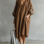Long-sleeved Linen And Cotton Dress With Printed Cuffs And V-neck.