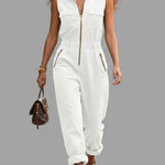 Fashionable And Casual Zippered Sleeveless Cotton Jumpsuit