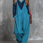 Women's Color-block Patchwork Round Neck Long-sleeved Casual Loose Top And Cotton And Linen Suspender Wide-leg Jumpsuit Set.