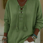 Boho Style Casual V-neck Drawstring Tassel Pullover